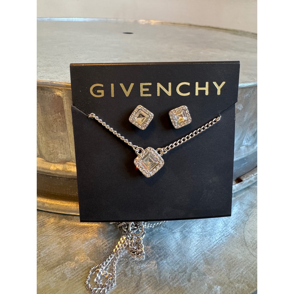 Givenchy Silver Tone Crystal Square Necklace and Earrings Set Jewelry